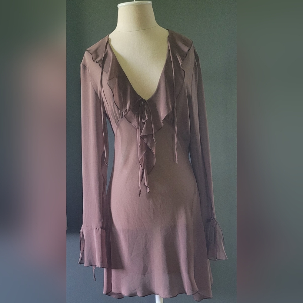 Aritzia' Wilfred' Brown Sheer Sheath Dress with Plunge Neckline.